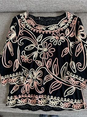 Embroidered Black Women's Top with Pink and Cream Floral Appliqué